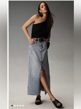 Anthropologie Pilcro Madi Front Slit Denim Maxi Skirt Raw Hem Positano WashBlue
